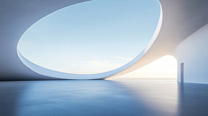 A white building with curved walls on the sea, a 3D rendering of an architectural design style