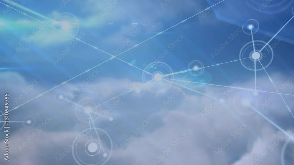Poster network of connections and data processing animation over cloudy sky background