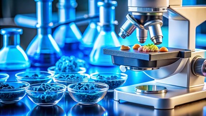 Microscopic Blue Sample Analysis: Scientific Food Research in Laboratory
