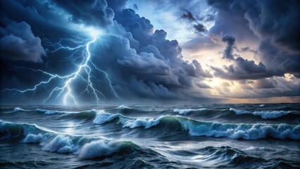 Obraz premium Dark stormy sea with bright lightning and waves crashing against the shore, misty atmosphere creating a sense of mystery