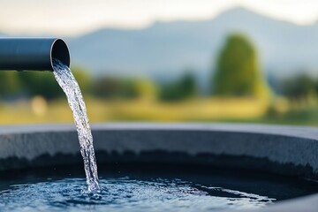 Earth Day Impact Concepts. Flowing water from a pipe into a round basin surrounded by greenery.