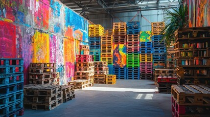 Obraz premium Vibrant Urban Warehouse Scene with Colorful Pallets and Art