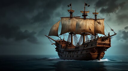 For historical nautical and adventure-themed design projects, a realistic PNG graphic of an antique pirate ship with a translucent backdrop is available.
