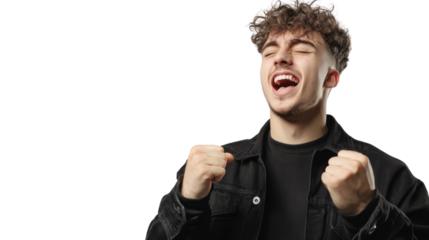 A young man expressing joy with clenched fists and an open mouth, celebrating a moment of happiness.