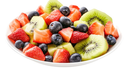 A vibrant bowl of mixed fresh fruits, including strawberries, blueberries, kiwi, and melon, presented on a white background.