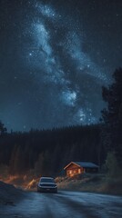 Night drive, Milky Way, cabin, forest road
