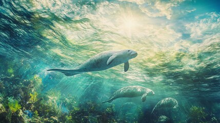 Two manatees swim gracefully in sunlit, shallow ocean water above vibrant coral reef.