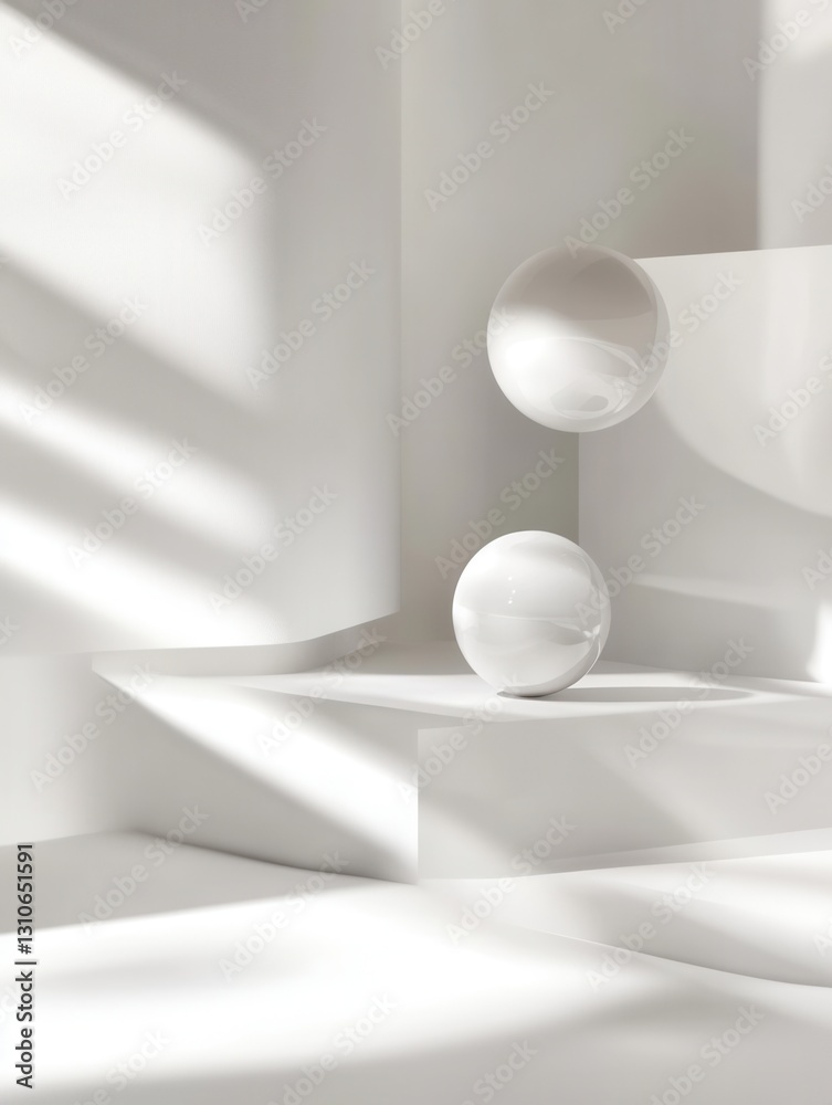 Poster Floating 3D minimalist shapes create an elegant atmosphere with soft shadows and light reflections in a futuristic design setting
