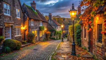 Fototapeta premium Ancient cobblestone street in a quiet Sussex village at dusk, with old stone buildings and lanterns lighting the way, old world ambiance , autumn colors