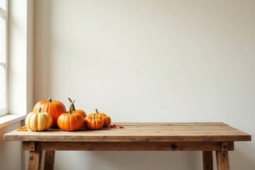 Rustic Wooden Table Display Featuring a Collection of Autumnal Pumpkins near a Window