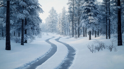 A snowy pathway winding through a dense forest surrounded by snow-covered trees creating a winter wonderland scene