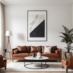 Modern Living Room Interior with Leather Sofa and Marble Coffee Table