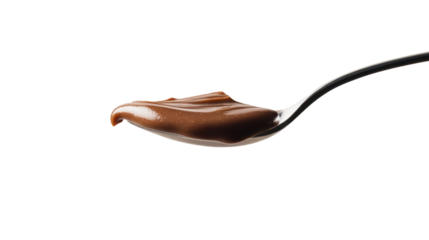 A close-up of a spoonful of rich chocolate spread, showcasing its smooth texture and glossy appearance on a white background.