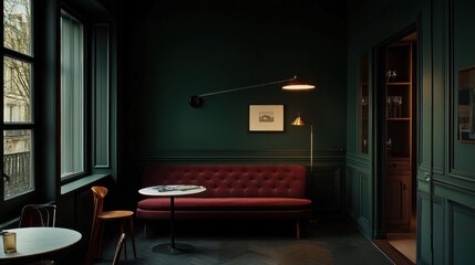 Elegant deep red tufted sofa against a moody dark green wall. Vintage decor elements and soft lighting create a warm and inviting atmosphere.