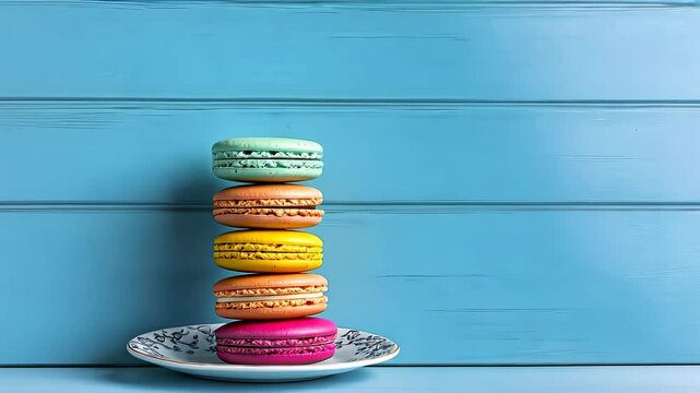 Colorful macarons stacked on a plate against a turquoise background