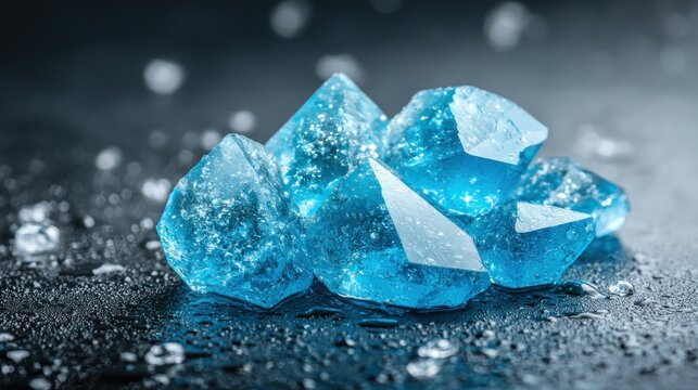 Sparkling blue crystals clustered on a sleek, dark, wet surface