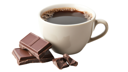 A steaming cup of coffee with chocolate pieces on a white background.