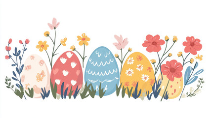 Vector illustration of Easter eggs with flowers and grass, flat design, white background