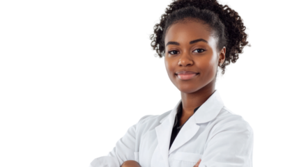 A confident young woman in a lab coat stands with a friendly smile, showcasing her professionalism and expertise.