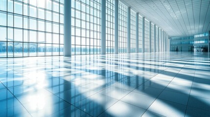 Spacious hall with large grid windows reflecting on the glossy tile floor