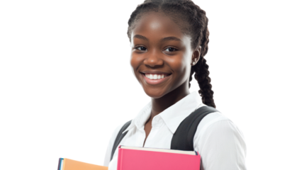 Smiling student holding books, looking confident and ready for school, white isolate background.