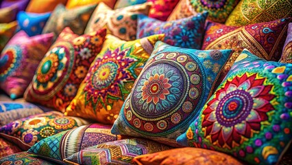 Miniature Artistic Pillow Backdrop: Tilt-Shift Photography of Creative Drawing Style Pillows