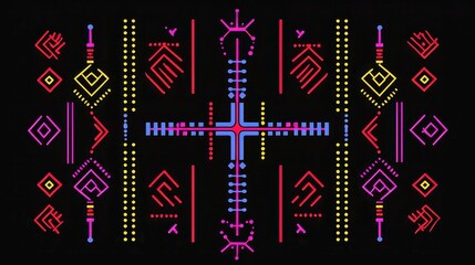 Ethiopian Coptic Cross Seamless Background, intricate spiritual symbols, bold black outlines, simple colors, geometric style, cool neon palette, perfect for modern design projects