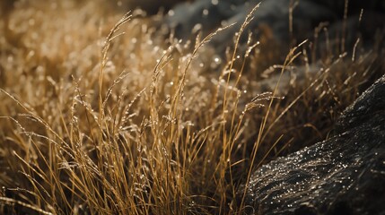 Obraz premium Golden grass blades with dew drops on a rocky surface at sunrise.