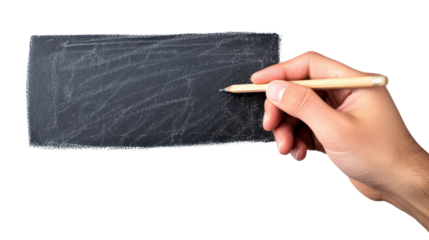 A hand holding a chalk pencil, ready to write on a black chalkboard.
