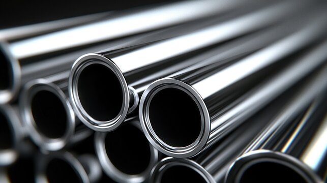 Stack of shiny, metal tubes, reflecting light, close-up detail, circular openings