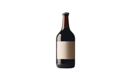 Isolated brown glass bottle with a blank label on a white background.