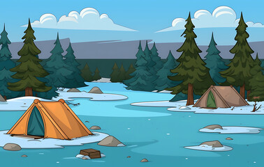 A comfortable tent set in a quiet forest, surrounded by trees and nature, perfect for camping adventures, tent camping.