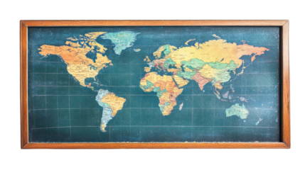 Vintage world map on a chalkboard, detailed illustration, educational, global geography, rich colors, antique frame, isolated background.