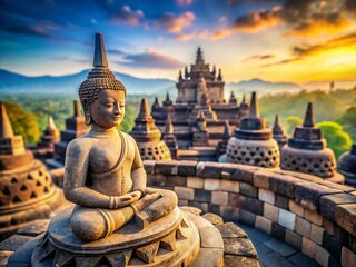 Obraz premium Miniature Borobudur Temple & Buddha Statues: Tilt-Shift Photography