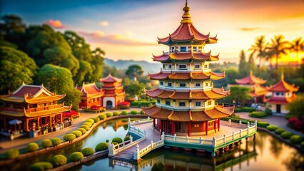 Miniature Chinese Pagoda in Nakhon Sawan, Thailand - Tilt-Shift Photography