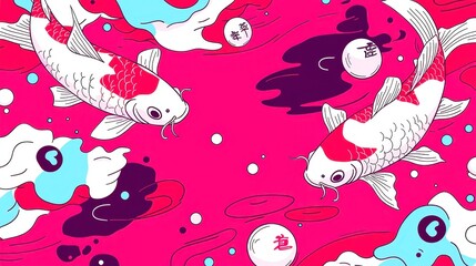 Koi Fish Pond Seamless Pattern, vibrant vector design featuring fluid aquatic elements, bold outlines, solid colors, geometric style, cool neon palette, ideal for modern decor.