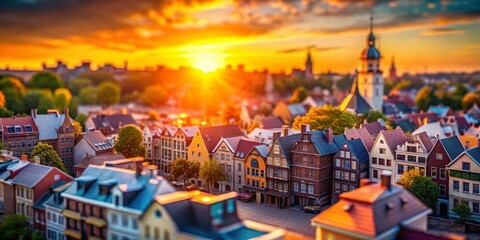 Naklejka premium Miniature Cityscape with Vibrant Gradient Sky - Tilt-Shift Photography