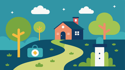 Fototapeta premium Path to Security A scenic pathway leading to a house with a garden full of financial security symbols like a lockbox piggy bank and tree at the end illustrating the goal of