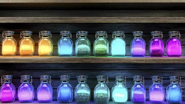 Colorful potion bottles displayed on wooden shelves