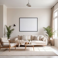Minimalist Living Room Interior with Blank Frame Mockup