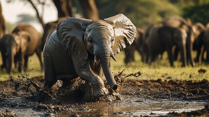 Fototapeta premium Playful baby elephant splashing in mud puddle with herd in background.
