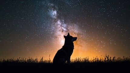 Silhouette of a dog sitting in a field at night, gazing at the Milky Way galaxy.