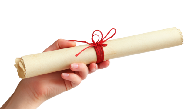 A hand holding a rolled parchment scroll tied with a red ribbon, symbolizing knowledge and achievement, on a white background.