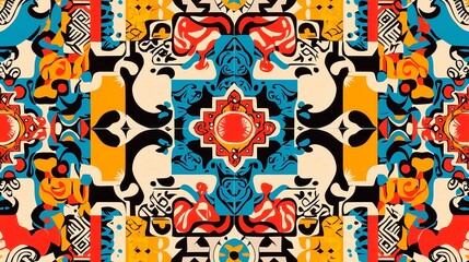 Fototapeta premium Moroccan Tile Vector Design, seamless and vibrant, featuring bold black outlines, simple colors, geometric style, perfect for home decor projects with a pop art influence.