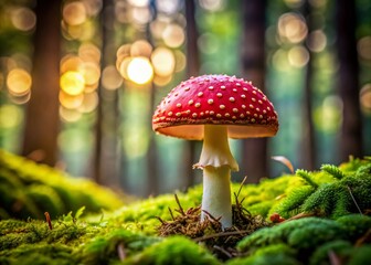 Miniature Fairy Tale: A Vibrant Red Fly Agaric Mushroom in a Fantasy Forest