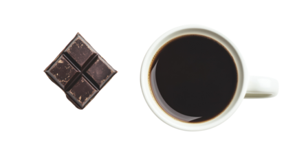 A cup of black coffee paired with a piece of dark chocolate, isolated on white background.