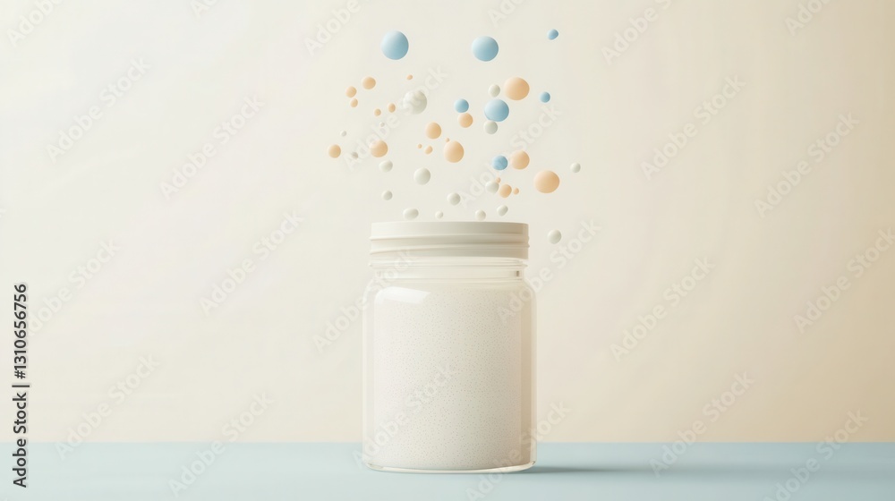 Poster modern fermentation logo featuring a clean abstract jar and colorful bubbles for probiotic food bran