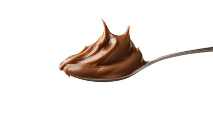 A spoonful of creamy chocolate spread isolated on a white background.