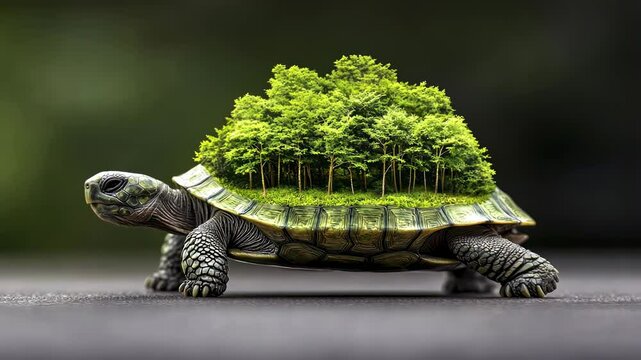 Turtle carrying a lush forest on its back in a surreal setting
