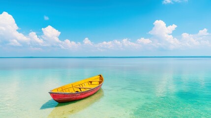 Naklejka premium Serene Lagoon with Colorful Boat Under Clear Sky